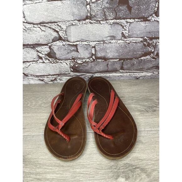 Olukai U'I-W Red Leather Thong FlipFlop Casual Slide Sandals Women Sz 8M US/38EU - Picture 7 of 16